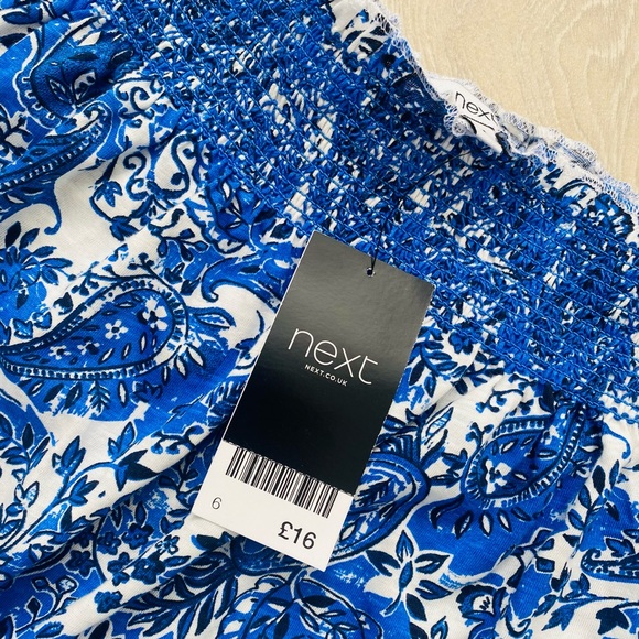 Next Blue White Mix Stretch Paisley Print Bardot Top Blouse Size 6 - Picture 7 of 7